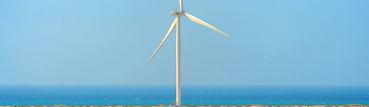 Sir Bani Yas Island, United Arab Emirates, panoramic view of the wind turbine standing on the sea coast, at daytime, Sir Bani Yas Island,