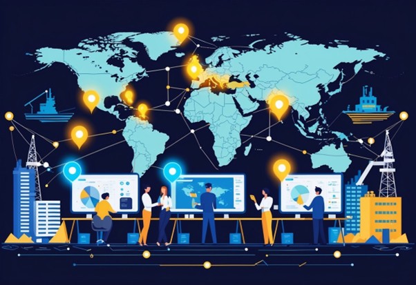 Illustration of a global business network with people analyzing data on digital screens in front of a world map. The map shows connected locations with glowing markers, representing international trade and logistics. Icons of ships, oil rigs, and cranes highlight maritime and energy industries.